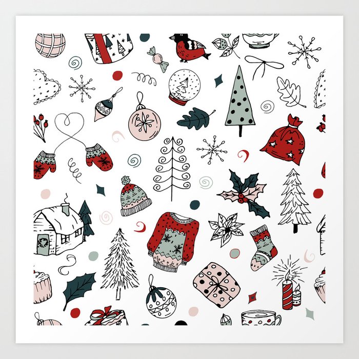 Christmas Holiday Pattern Winter Hand Drawing Background Art Print By Alexcrafts Society6