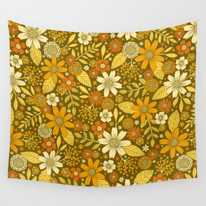 1970s Retro Flowers Pattern in Yellow, Orange & Olive Green Wall Tapestry