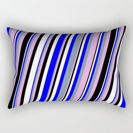[ Thumbnail: Blue, Light Slate Gray, Plum, Black & White Colored Stripes/Lines Pattern Rectangular Pillow ]