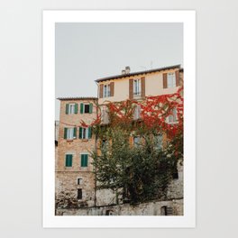Red Autumn leaves on architecture building, Italy | Modern Wanderlust Travel print in Europe Art Print