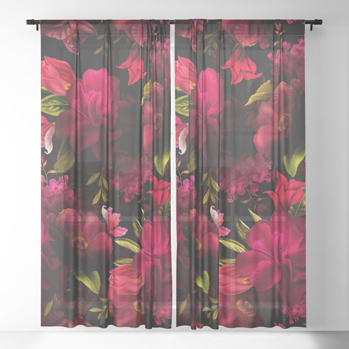 Vintage & Shabby Chic - Dark Red Antique Night Roses Botanical Garden Sheer Curtain