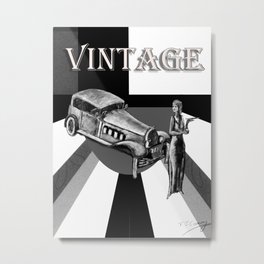 Vintage car and young woman, in black and white   Metal Print | Girl, Eveninggown, Monochrome, Woman, Vintage, Retro, Car, Stylish, Vintagecar, Vintageposter 