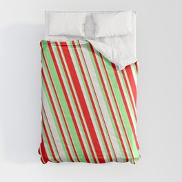 [ Thumbnail: Red, Green & White Colored Striped/Lined Pattern Comforter ]