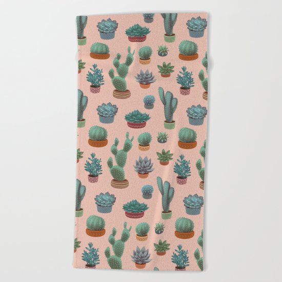 Potted Cacti and Succulents on Sahara Rose background. Beach Towel