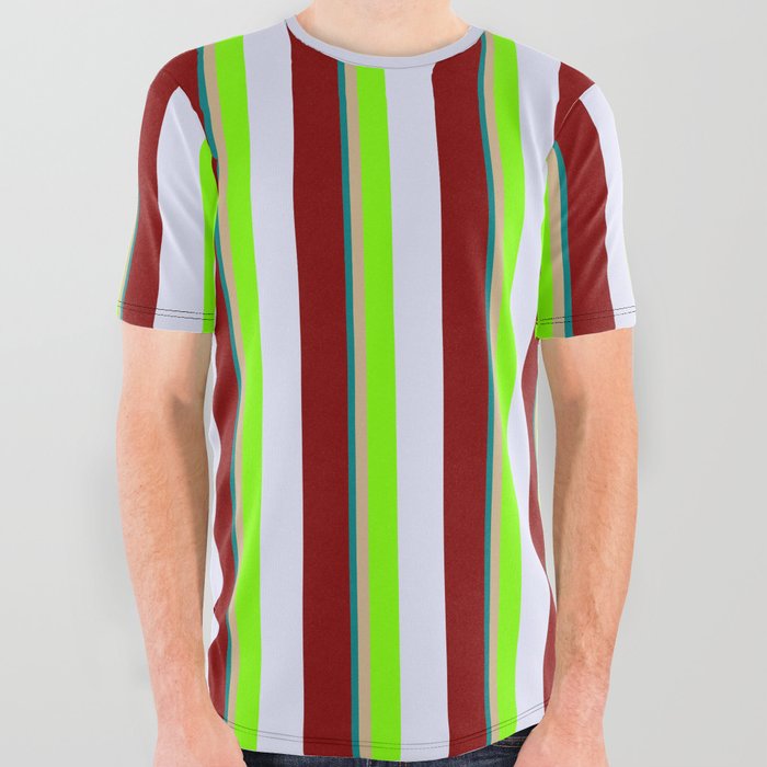 Vibrant Teal, Tan, Chartreuse, Lavender & Maroon Colored Striped/Lined Pattern All Over Graphic Tee