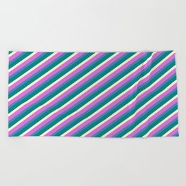 [ Thumbnail: Orchid, Blue, Teal & Light Yellow Colored Striped/Lined Pattern Beach Towel ]