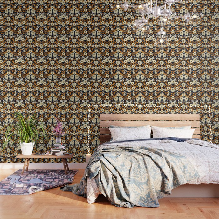 Navy Blue Orange Cream Gold White Floral Pattern Wallpaper By Somecallmebeth
