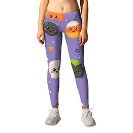 Halloween Seamless Pattern with Funny Spooky on Purple Background Leggings