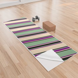 [ Thumbnail: Dark Sea Green, Purple, Bisque, and Black Colored Lines Pattern Yoga Towel ]