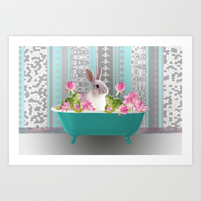 Grey white bunny rabbit - turquoise bathtub lotos flowers Art Print