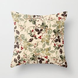 Vintage ivory red green forest berries floral Throw Pillow