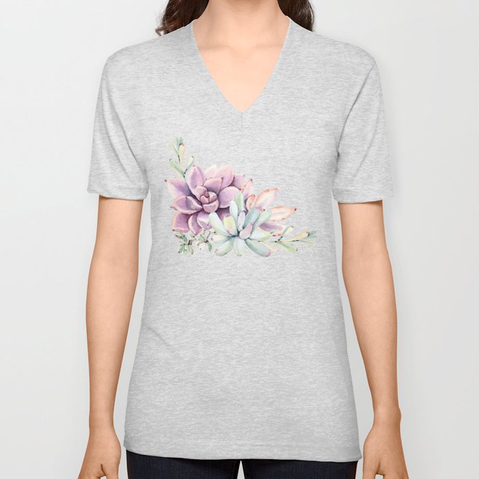 Desert Succulents on White V Neck T Shirt