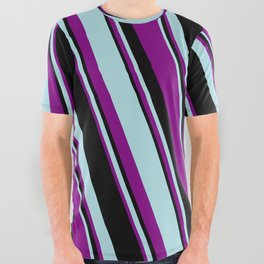 [ Thumbnail: Powder Blue, Purple, and Black Colored Striped/Lined Pattern All Over Graphic Tee ]