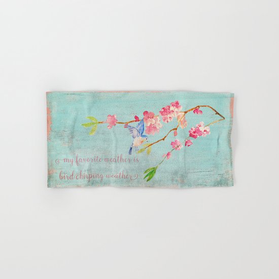 My favorite weather - Romantic Birds Cherryblossoms and Spring Typography on aqua Hand & Bath Towel