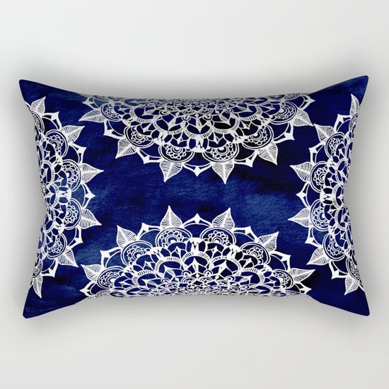 White Lace Medallion on Ink Blue Rectangular Pillow