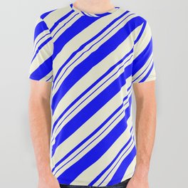 [ Thumbnail: Beige & Blue Colored Striped Pattern All Over Graphic Tee ]