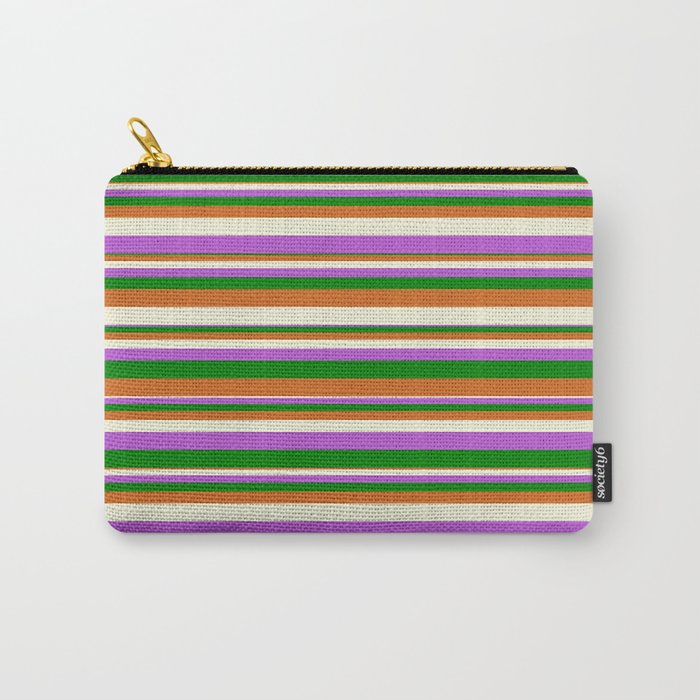 Chocolate, Beige, Orchid & Green Colored Striped/Lined Pattern Carry-All Pouch