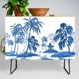 Vintage garden fruit trees, palm trees, sakura trees, plant floral seamless pattern on white background. Exotic blue chinoiserie hand drawn.  Credenza