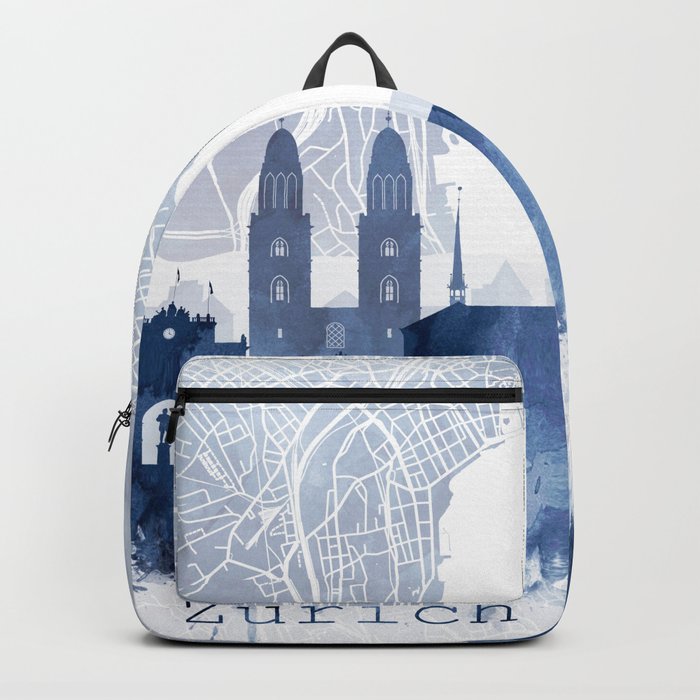 Zurich Skyline & Map Watercolor Navy Blue, Print by Zouzounio Art Backpack