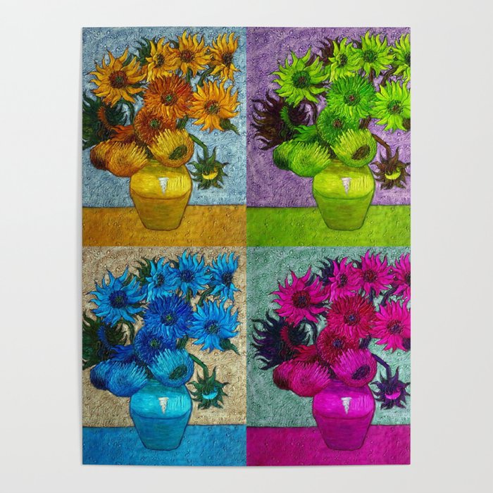 Vincent van Gogh Twelve Sunflowers in a vase still life colorful four-color collage portrait painting with pink, blue, and green sunflowers Poster