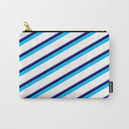 [ Thumbnail: Vibrant Tan, Blue, Black, Deep Sky Blue, and White Colored Striped/Lined Pattern Carry-All Pouch ]