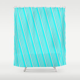 [ Thumbnail: Light Grey & Aqua Colored Stripes Pattern Shower Curtain ]