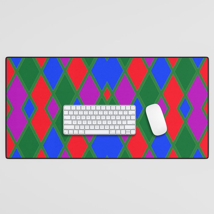 Argyle Pattern Using Red Green Blue and Purple Diamonds Outlined in Green Lines Desk Mat