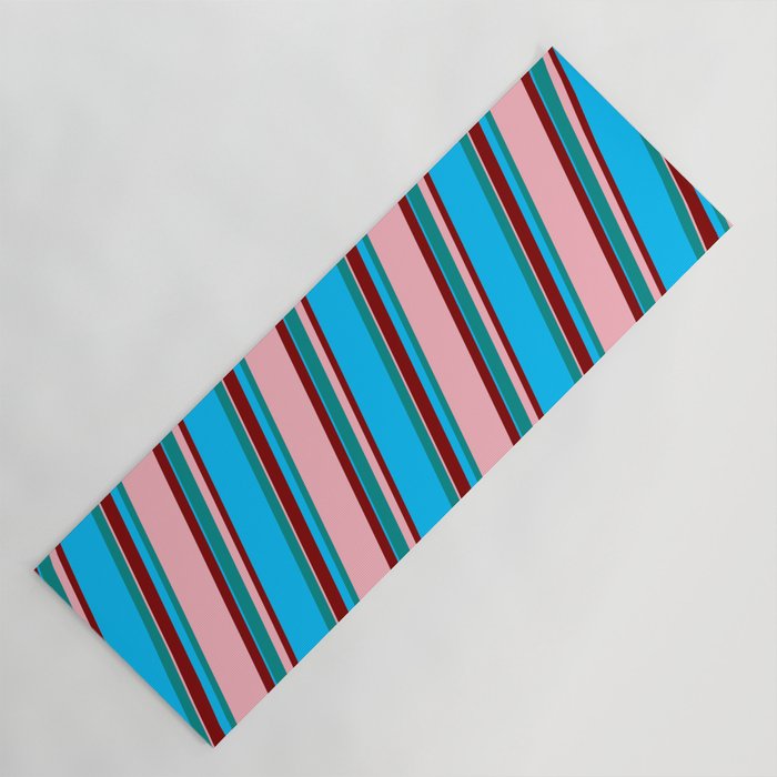 Dark Cyan, Light Pink, Maroon & Deep Sky Blue Colored Lined Pattern Yoga Mat