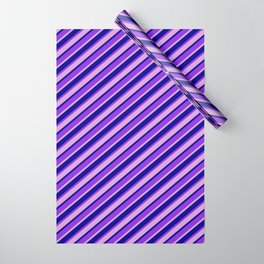 [ Thumbnail: Plum, Dark Blue & Purple Colored Stripes Pattern Wrapping Paper ]