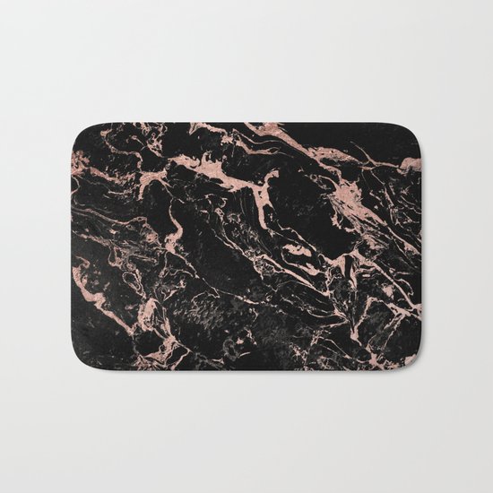 Modern girly faux rose gold foil black marble Bath Mat