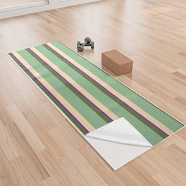 [ Thumbnail: Dark Olive Green, Dark Sea Green, Beige & Dark Violet Colored Lined/Striped Pattern Yoga Towel ]
