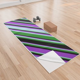 [ Thumbnail: Dark Orchid, Light Blue, Forest Green, and Black Colored Stripes/Lines Pattern Yoga Towel ]