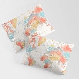 "Explore" - Colorful watercolor world map with cities Pillow Sham