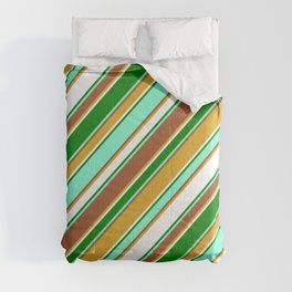 [ Thumbnail: Vibrant Aquamarine, Sienna, Goldenrod, White & Green Colored Lines/Stripes Pattern Comforter ]
