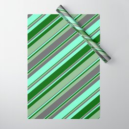 [ Thumbnail: Dim Gray, Aquamarine, Dark Green, and Dark Sea Green Colored Lines/Stripes Pattern Wrapping Paper ]