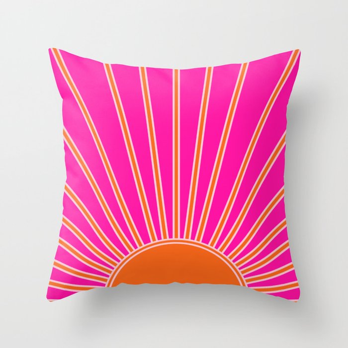 Sun Print Sunrise Hot Pink And Orange Sunshine Retro Sun Wall Art Vintage Boho Abstract Modern Decor Throw Pillow