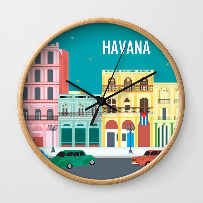 Havana, Cuba - Skyline Illustration by Loose Petals Wall Clock