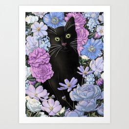 Little Black Garden Cat - Blue and Purple Flowers Art Print