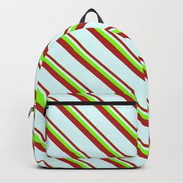[ Thumbnail: Chartreuse, Red & Light Cyan Colored Lined/Striped Pattern Backpack ]