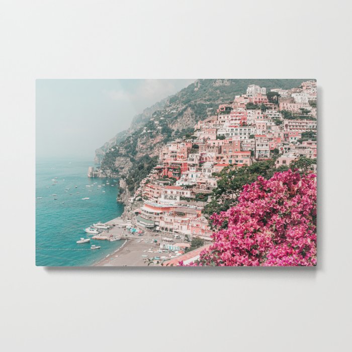 Positano Italy Beach Scenic Pink Flowers Travel Photography Metal Print