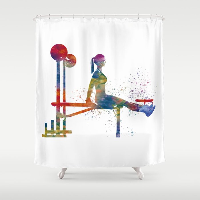 Woman practices gymnastics in watercolor Shower Curtain