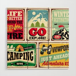 Hiking and camping retro signs collection. Outdoor activities vintage posters set. Wilderness and adventures illustration.  Wood Wall Art
