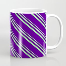 [ Thumbnail: Green and Indigo Colored Lined/Striped Pattern Coffee Mug ]