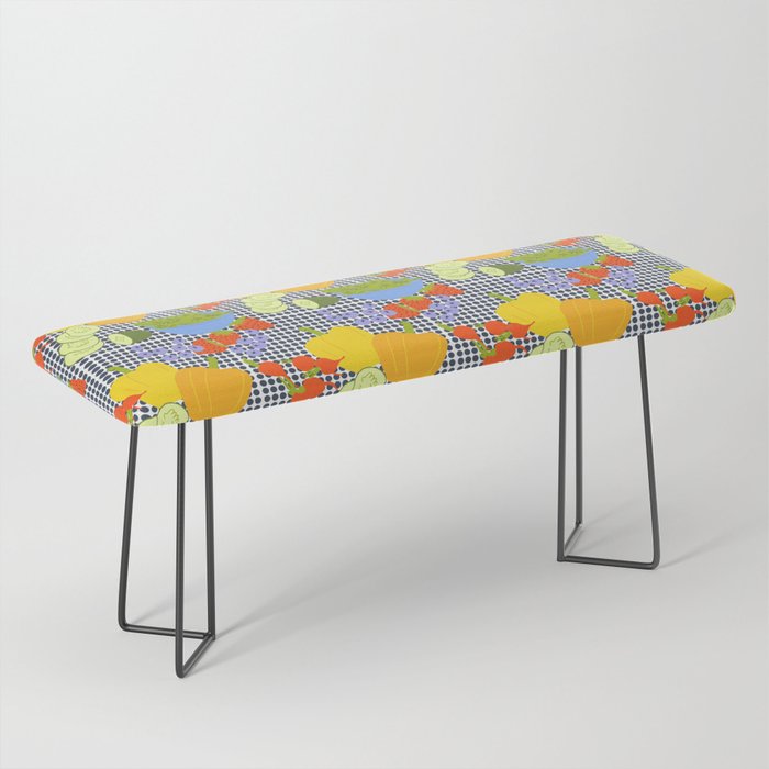 Retro Kitchen Fruits And Vegetables Navy Blue Dots Bench