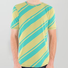 [ Thumbnail: Turquoise and Tan Colored Lined/Striped Pattern All Over Graphic Tee ]