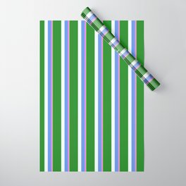 [ Thumbnail: Eyecatching Green, Violet, Cornflower Blue, Mint Cream & Forest Green Colored Pattern of Stripes Wrapping Paper ]
