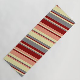 [ Thumbnail: Grey, Dark Red, Dark Salmon, and Pale Goldenrod Colored Striped Pattern Yoga Mat ]