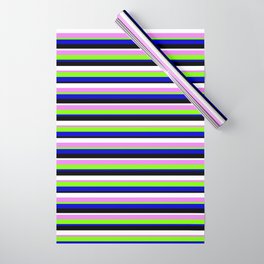 [ Thumbnail: Vibrant Violet, Chartreuse, Blue, Black & White Colored Stripes/Lines Pattern Wrapping Paper ]