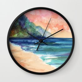 Ke'e Beach Wall Clock | Nature, Kauainorthshore, Realism, Kauaikeebeach, Kauaikee, Painting, Keebeach, Landscape, Watercolor, Kauaiseascape 