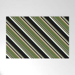 [ Thumbnail: Tan, Dark Olive Green, Mint Cream & Black Colored Stripes Pattern Welcome Mat ]